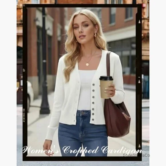 Lightweight Cropped Cardigan Set, V-Neck Button Down Long Sleeve Knit Sweaters - Picture 3 of 7